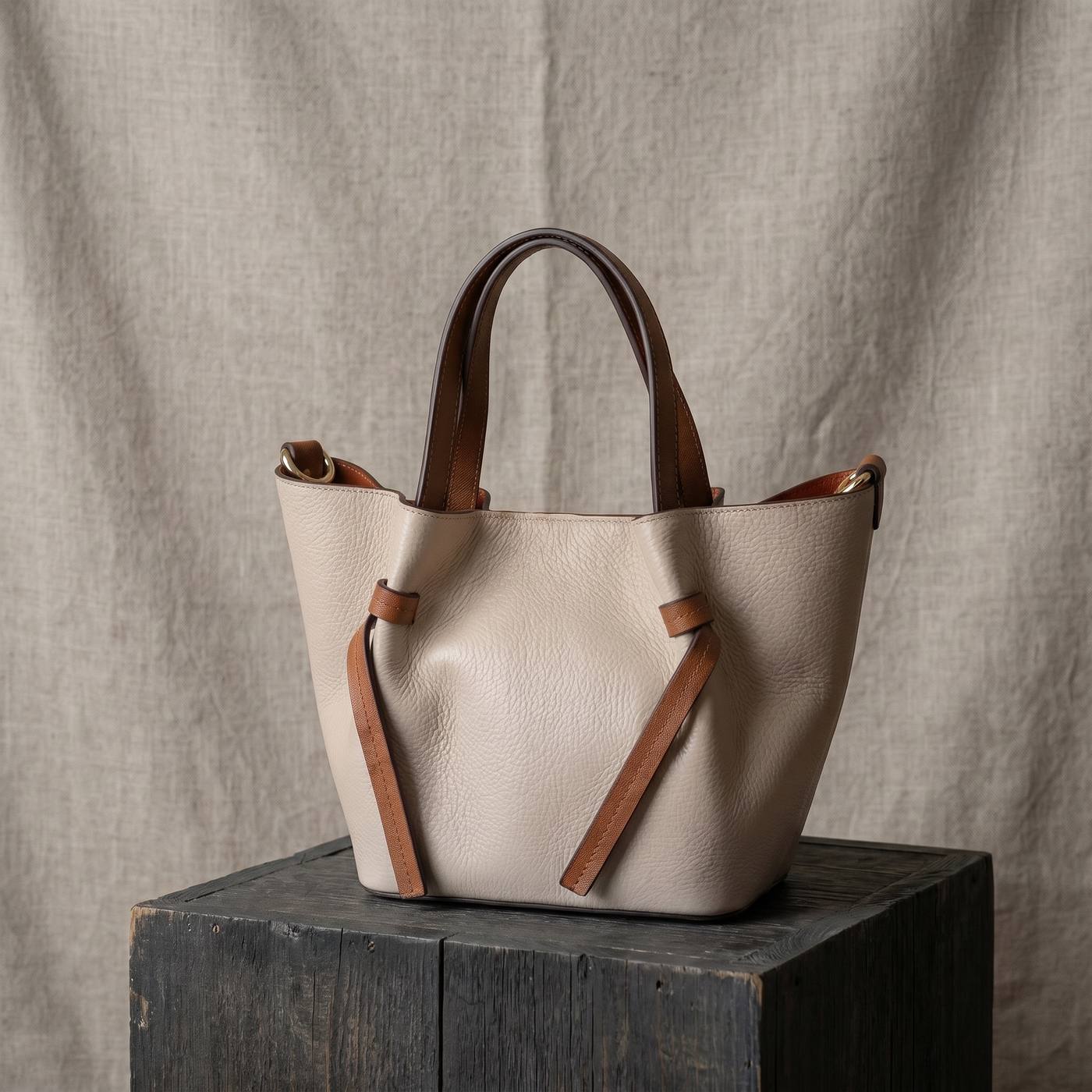 Italian Leather Mini Tote Beige on display — LeTuscany