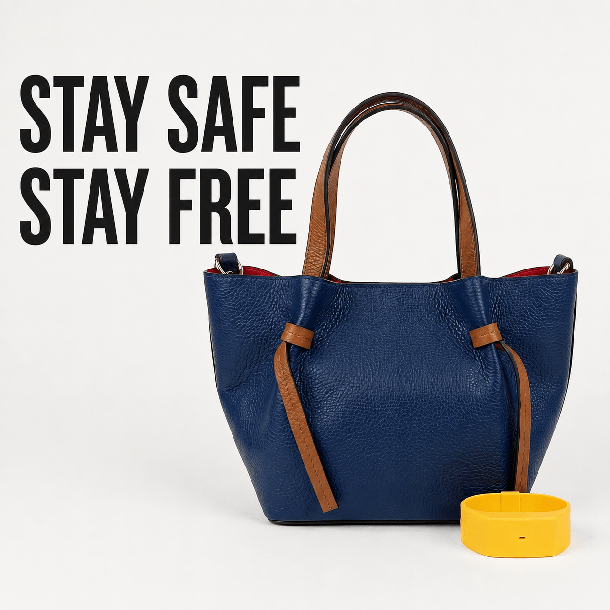 Stay Safe Stay Free — blue Italian leather tote with Safe Band