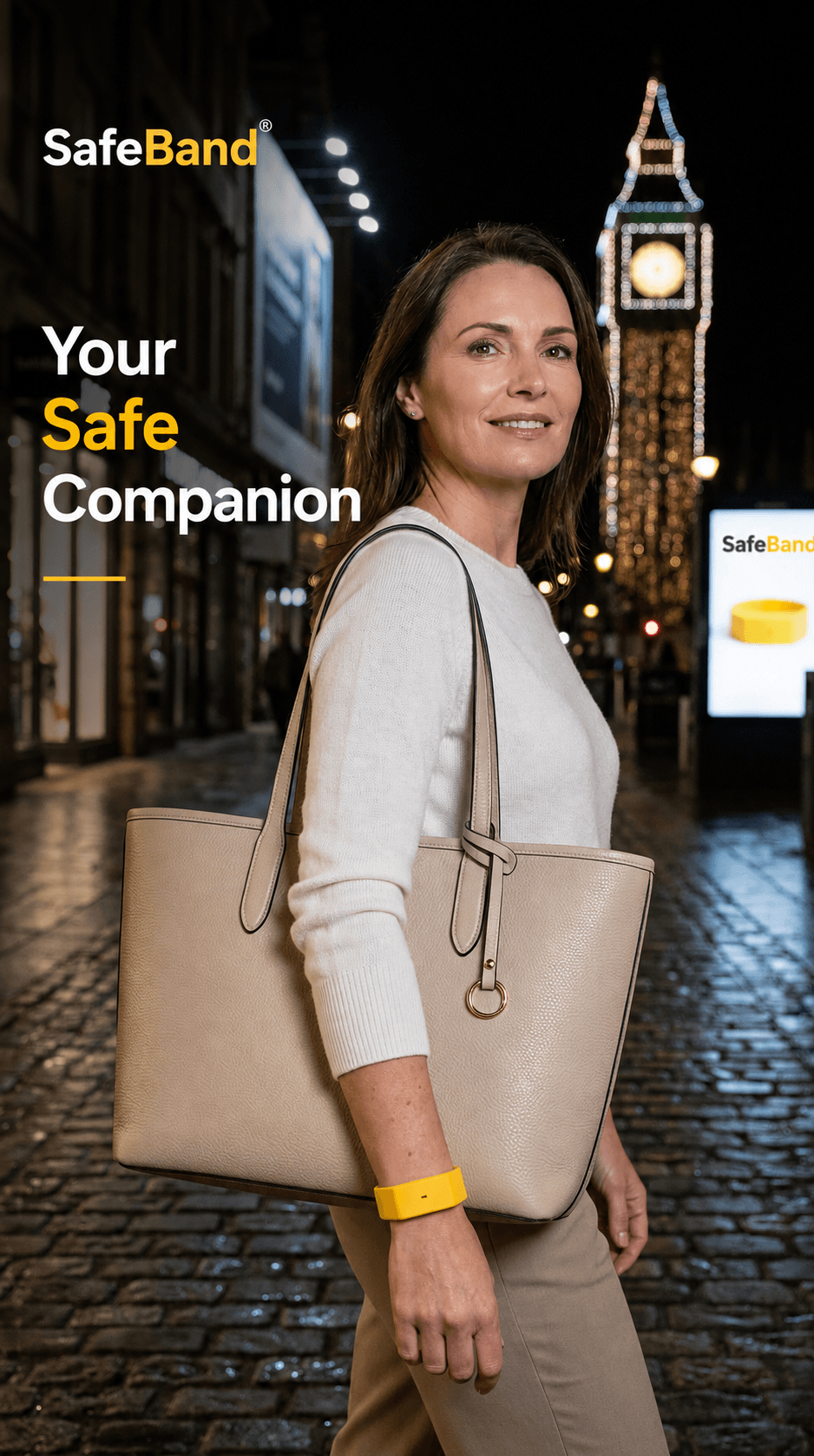 SafeBand Your Safe Companion — woman at night in the city with Safe Band and tote